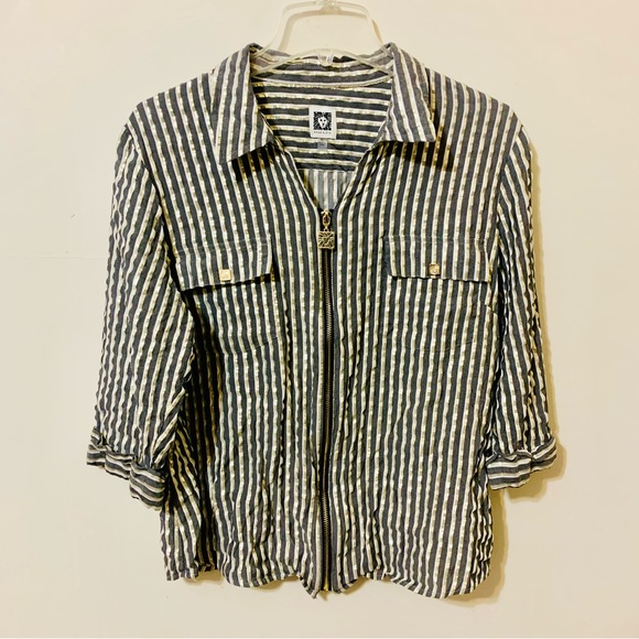 Anne Klein Metallic Gold Gray Striped Zip Front Blouse 3/4 Sleeve Top - XL - Picture 2 of 9